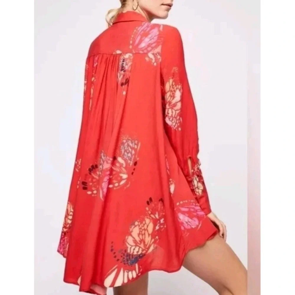 Free‎ People XS Field of Butterflies Red Tunic Mini Dress/Blouse